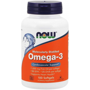 NOW OMEGA 3 FISH OIL CARDIOVASCULAR SUPPORT ( FISH OIL 1000 MG + EPA 180 MG + DHA 120 MG ) 100 MOLECULARLY DISTILLED SOFTGELS